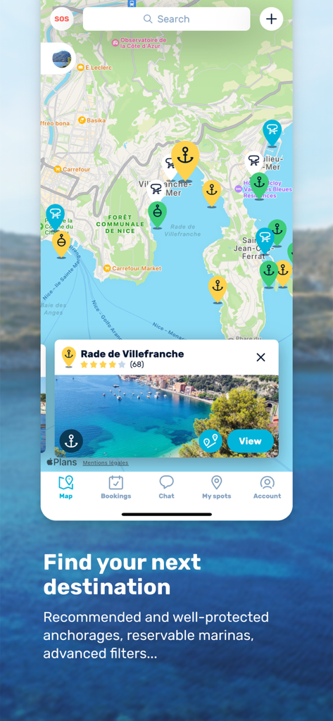 Navily - Navily app map showing various coastal anchorages and marinas with a detailed view of Rade de Villefranche.