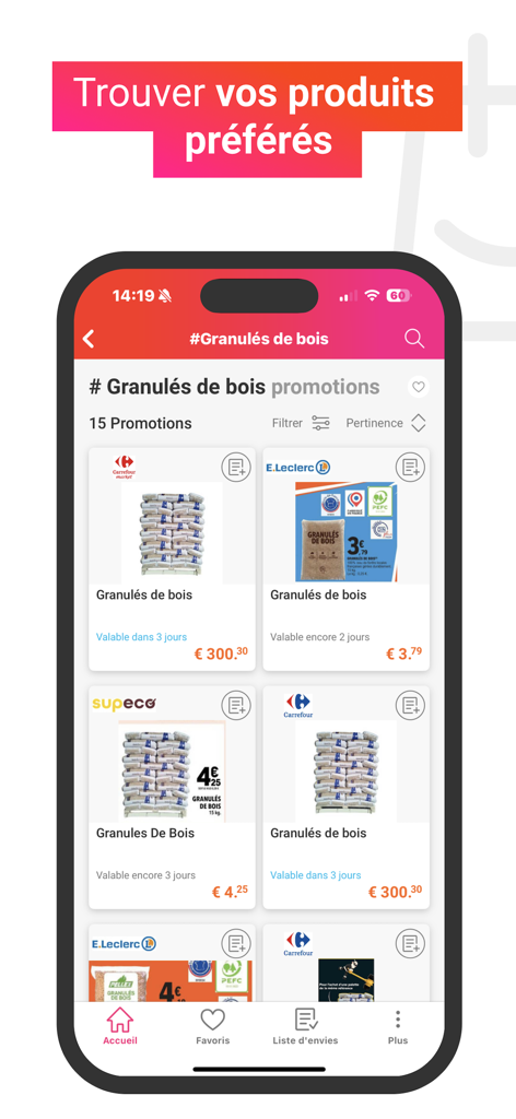 Interface de l'application mobile montrant les résultats de recherche pour les promotions de granulés de bois de divers détaillants français comme Carrefour et E.Leclerc.