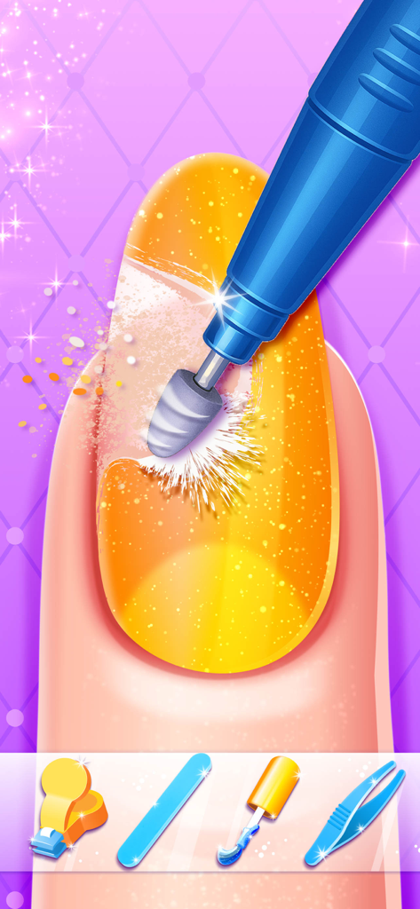 Nail Salon Games for Kids 2-5 - Un jeu pour enfants d'âge préscolaire montrant une ponceuse à ongles électrique utilisée sur un ongle jaune scintillant.