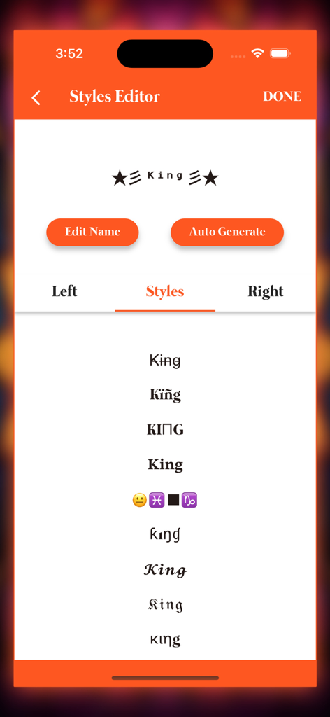 Name Style : Nickname Creator - Interface de aplicativo móvel mostrando vários estilos de fonte e símbolos para personalizar o apelido King