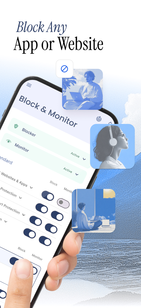 LeadMeNot app interface on an iPhone showing the block and monitor settings for digital wellness and content control.