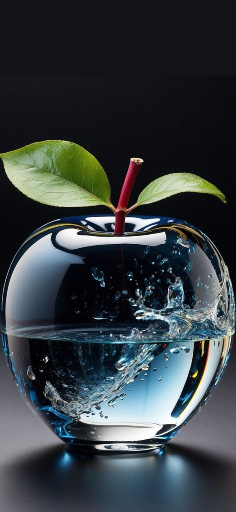 Um papel de parede estético de alta qualidade apresentando uma maçã de vidro transparente cheia de água azul espirrando e folhas verdes