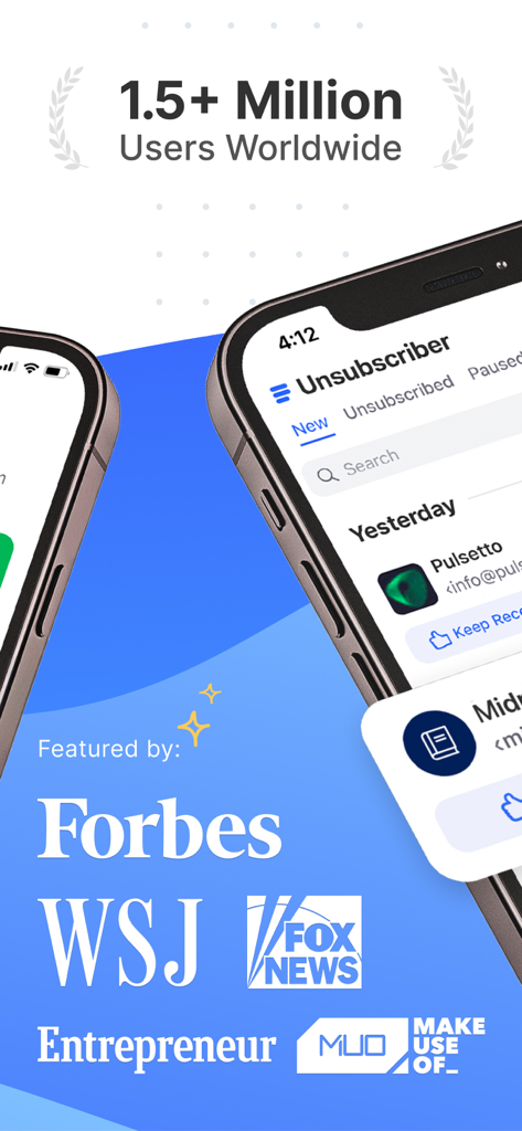 Marketing-Bildschirm für die Clean Email App, der über 1,5 Millionen Nutzer und Empfehlungen von Forbes, WSJ und Entrepreneur hervorhebt.