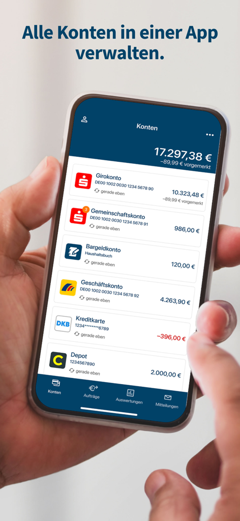 StarMoney-App-Oberfläche, die eine Liste verschiedener Bankkonten und den Gesamtbetrag anzeigt