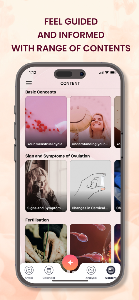 Ovulation & Fertility Tracker - Artigos educacionais sobre sintomas de ovulação e fertilidade dentro do aplicativo.