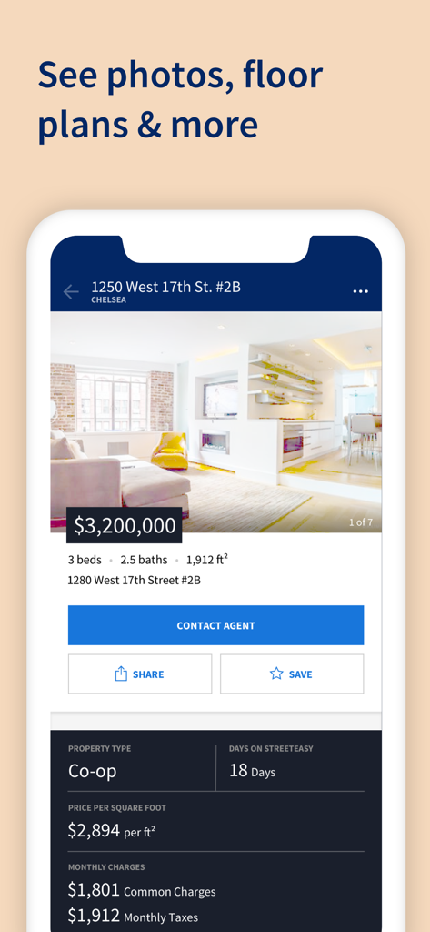 StreetEasy mobile app interface displaying a detailed NYC apartment listing with photos and property information