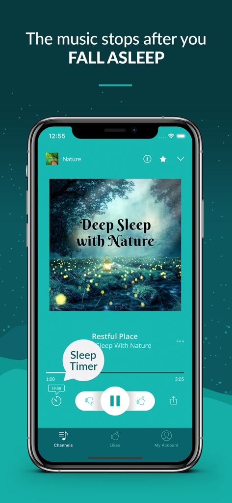 Zen Radio: Calm Relaxing Music - Zen Radio app interface showing the sleep timer feature with nature music playing