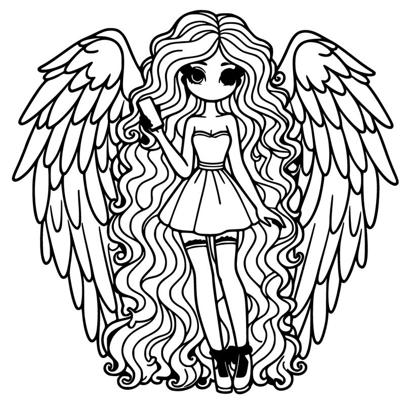 uzun kıvırcık saçlı uzun boylu büyük kanatlı elinde telefon kısa elbisesi olan