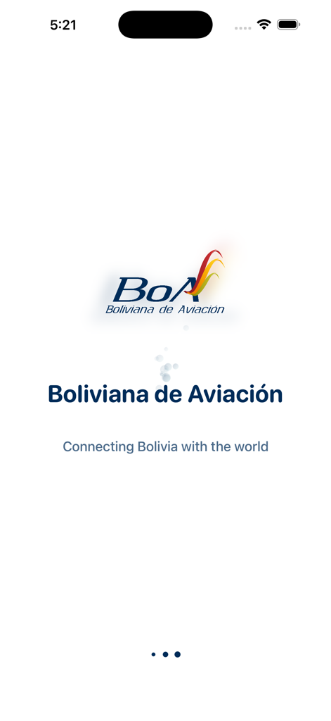 BoA - Pantalla de inicio de la aplicación BoA Boliviana de Aviación con el logo de la aerolínea y lema
