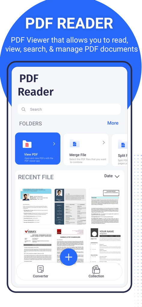 PDF Editors - Painel móvel do aplicativo Editores de PDF mostrando pastas de arquivos e documentos abertos recentemente.
