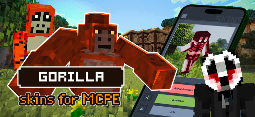 Phase 3 Skins for Minecraft PE - 마인크래프트 PE용 Phase 3 스킨 모바일 앱의 고릴라 스킨 카테고리 미리보기, 캐릭터 커스터마이징 및 다운로드 옵션 표시.