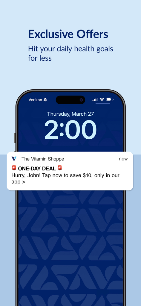 A smartphone screen displaying a Vitamin Shoppe app push notification for an exclusive one-day deal