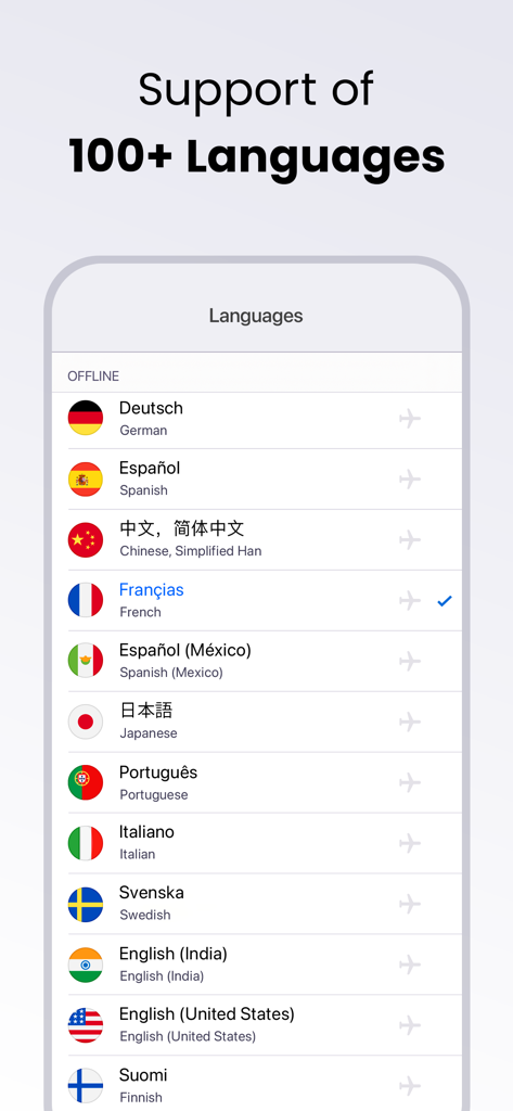 Smartphone screen showing a list of over 100 supported languages for translation with flags and offline mode indicators.