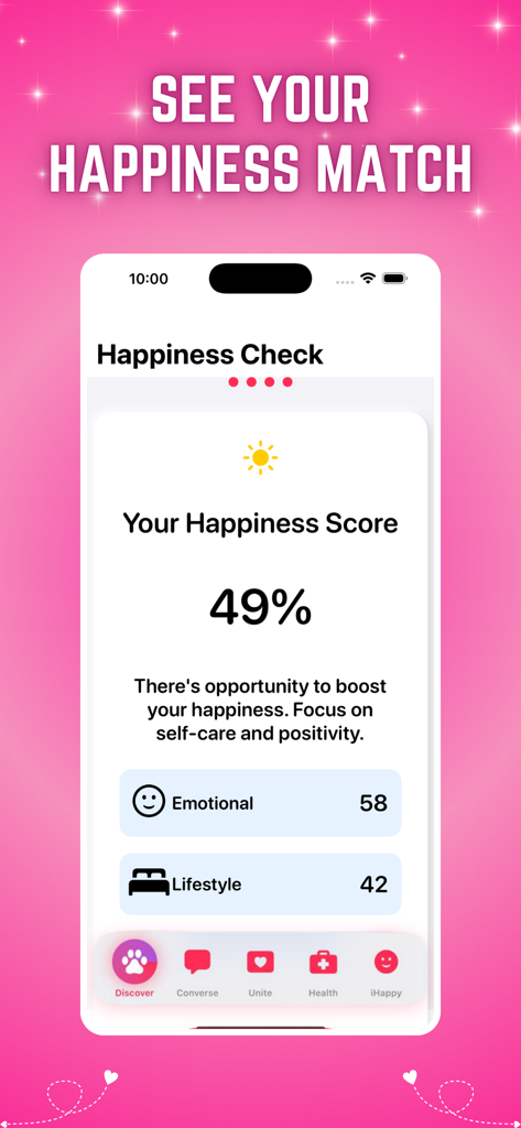 MeetChat iHappy - A screenshot of MeetChat iHappy app displaying a happiness check with a forty nine percent score and emotional and lifestyle categories