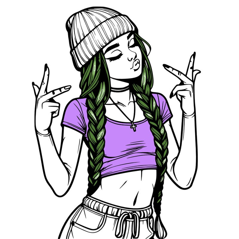 realistic teenage girl with braids and a beanie and crop top doing 🫶🏼