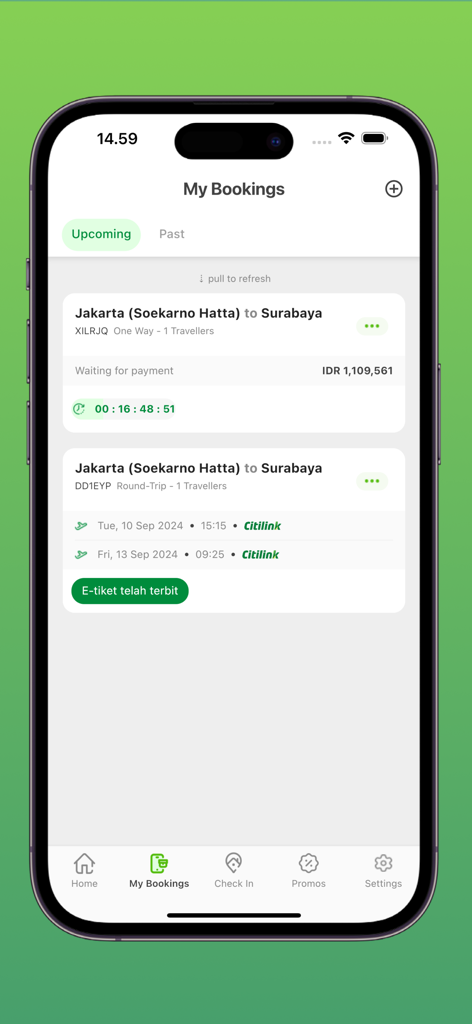 Pantalla móvil de la aplicación Citilink que muestra detalles de reserva de vuelos y estado de la reserva