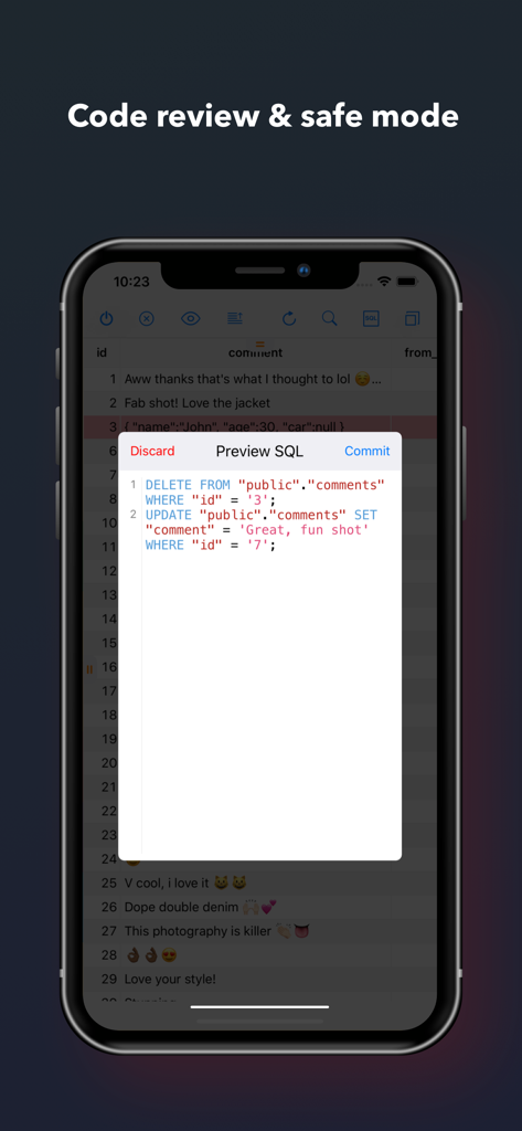 TablePlus app screenshot showing SQL query preview and safe mode feature on an iPhone