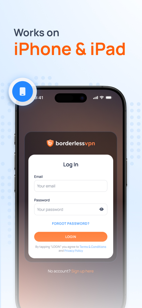 BVPN login screen on an iPhone showing compatibility with iPad and iPhone