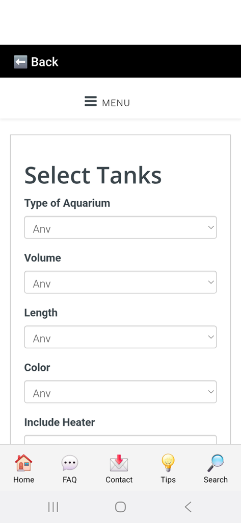 Aqua One - Aqua One app Select Tanks screen with dropdown menus for aquarium type volume length and color