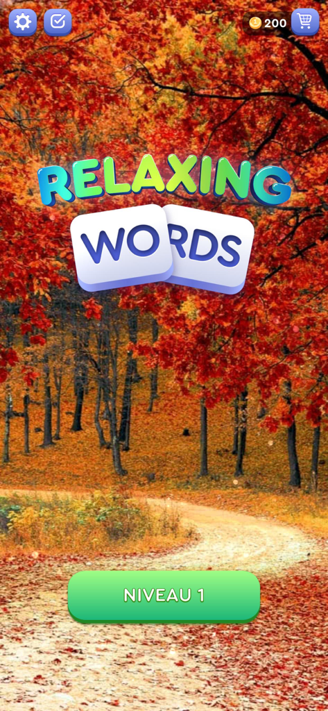 Pantalla de inicio del juego Palabras Relajantes con un tranquilo bosque de otoño con vibrantes hojas rojas.