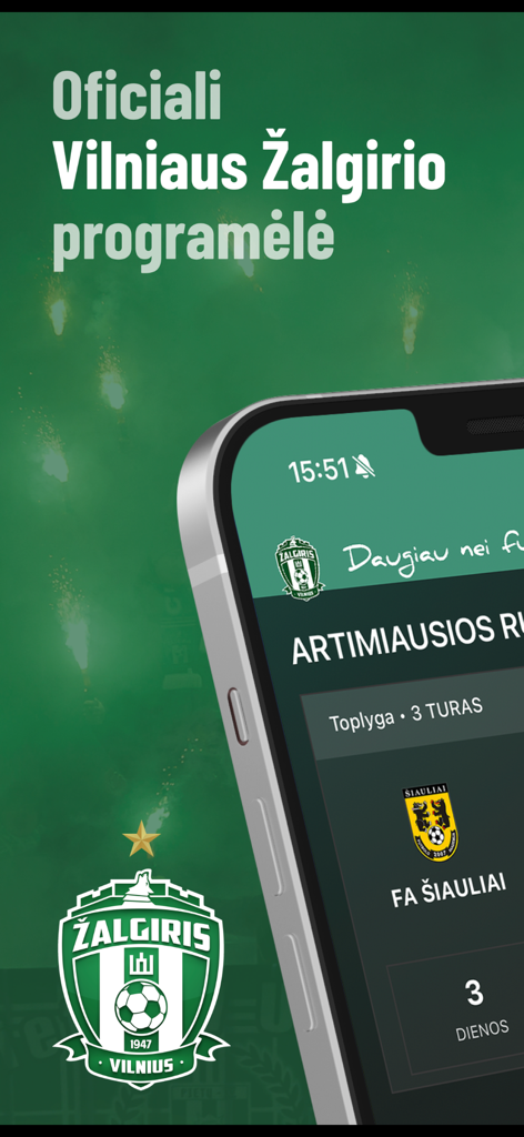 FK Žalgiris - Interface de l'application officielle du club de football FK Zalgiris montrant les matchs à venir et le logo de l'équipe