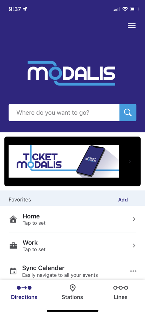 Modalis - Home screen of the Modalis transit app showing a search bar and navigation menu for Nouvelle-Aquitaine