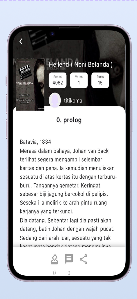 Titik & Koma - A mobile screen from the Titik and Koma app showing a story reader interface with a prologue chapter and reading statistics.