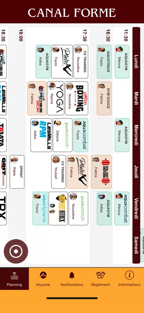 Canal Forme - Weekly group fitness class schedule on the Canal Forme app featuring classes like Yoga Pilates and Boxing