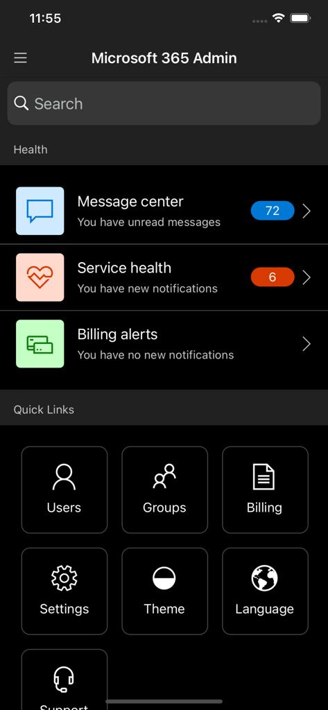 Microsoft 365 Admin - Microsoft 365 Admin mobile app home screen showing service health notifications and navigation tiles for users and billing
