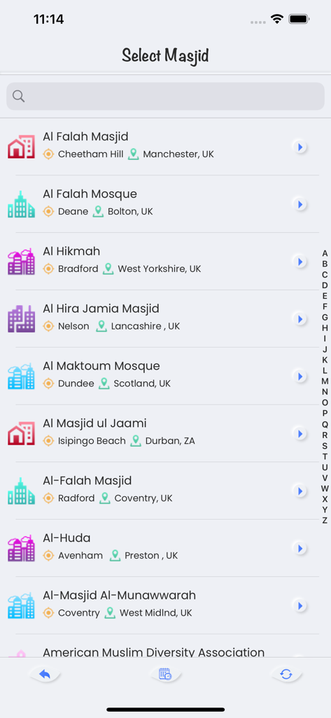 Search and selection screen for mosques in the Masjid Timetable app showing a list of local masjids and locations