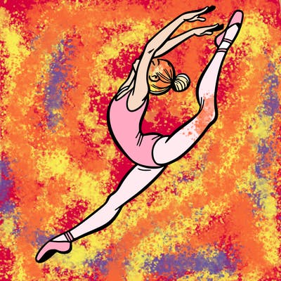 gymnast doing a leap in a leotard with a bent back leg