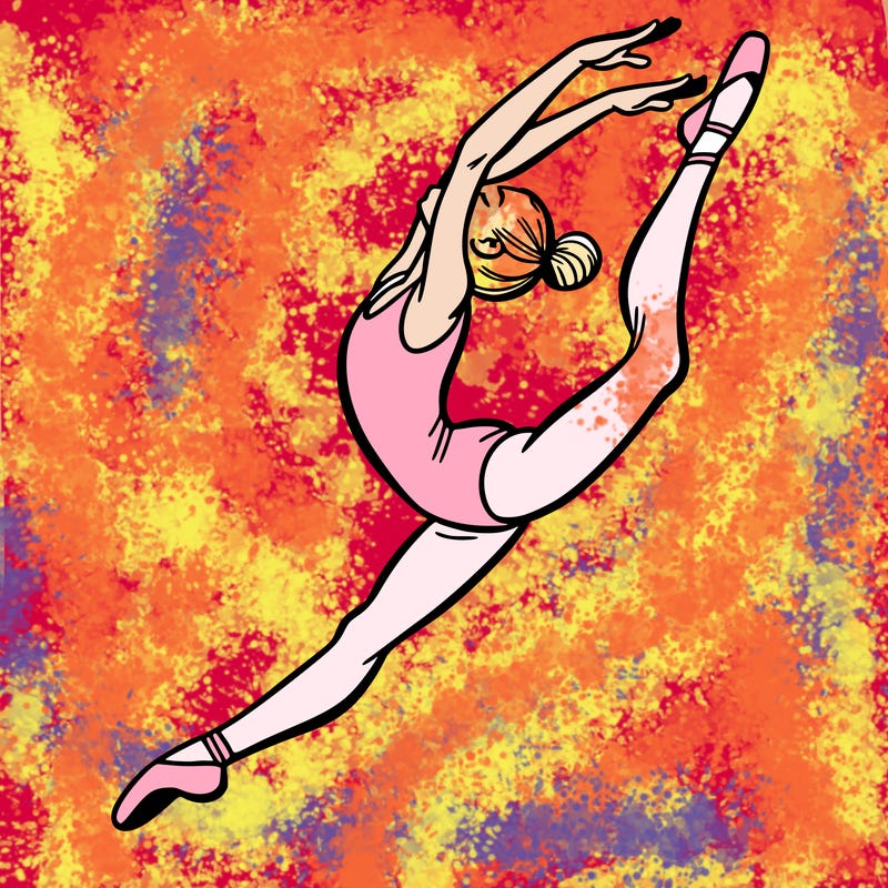 gymnast doing a leap in a leotard with a bent back leg