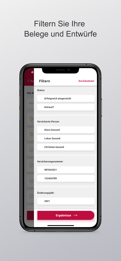 Hallesche4u - Hallesche4u app interface for filtering insurance receipts by status and insured person