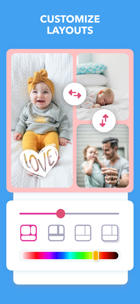 Baby Photo Editor: Pic Journal - Interfaz para personalizar diseños y colores de borde para collages de fotos de bebé