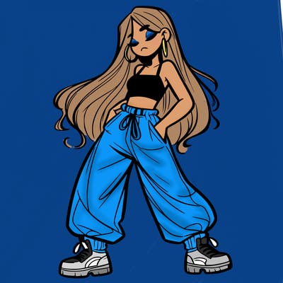 girl in baggy pants crop top and long hair