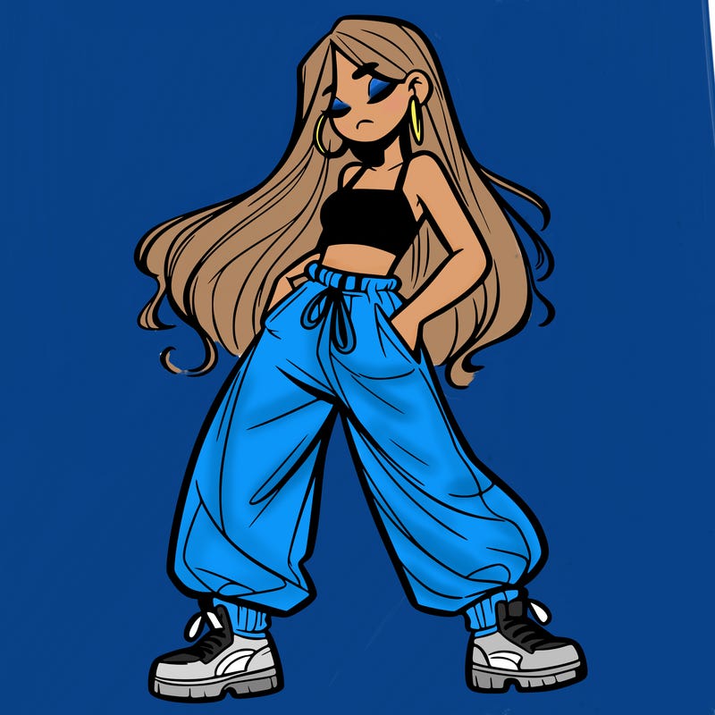 girl in baggy pants crop top and long hair