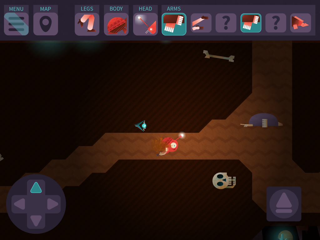 Morphy! - Morphy the alien character exploring a cave with a customization menu for body parts at the top