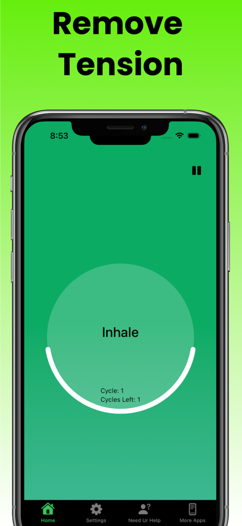 Uno smartphone che mostra la fase di inspirazione di un esercizio di respirazione guidata su sfondo verde