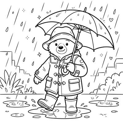 Embrace the cozy charm of a rainy day with everyone's favorite bear from Peru! This delightful coloring page features Paddington Bear, complete with his iconic duffel coat, hat, and umbrella, happily splashing through puddles.