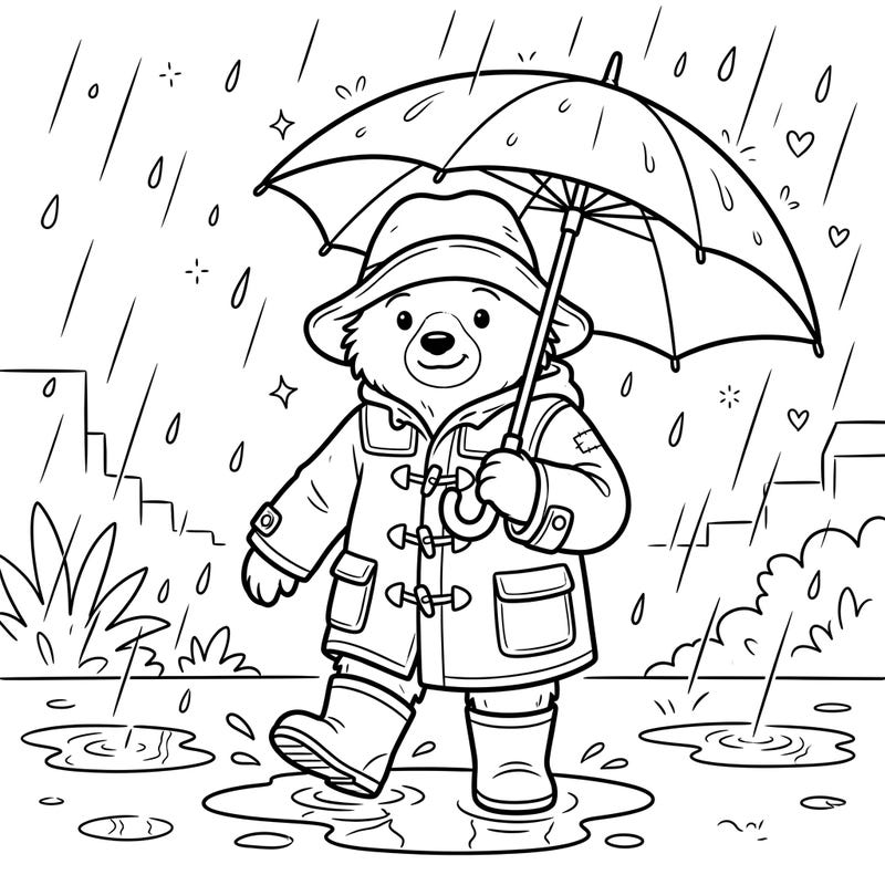 Embrace the cozy charm of a rainy day with everyone's favorite bear from Peru! This delightful coloring page features Paddington Bear, complete with his iconic duffel coat, hat, and umbrella, happily splashing through puddles.