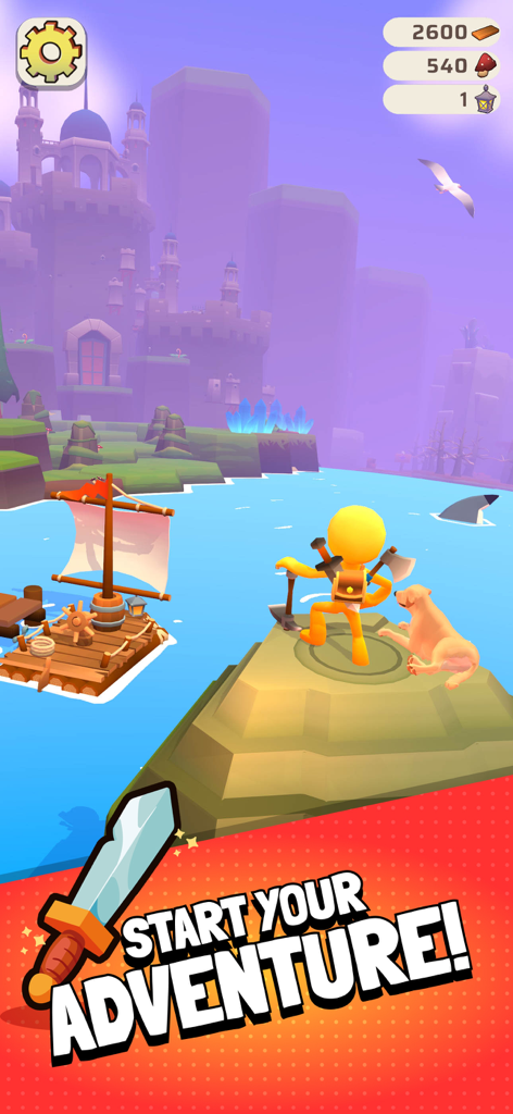 Survival Games - Questopia - Questopia Island Survival 게임에서 안개 낀 섬과 성을 내려다보는 노란색 캐릭터와 애완견