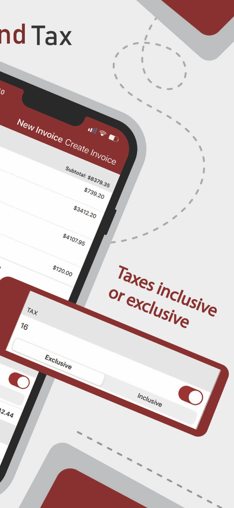 Invoice Maker : Easy & Speedy - Mobile app screen showing the tax inclusive or exclusive toggle settings for creating professional invoices.