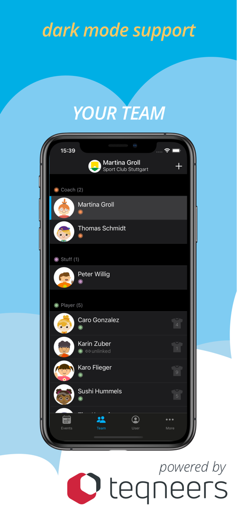 myteam App - myteam App interface showing team roster in dark mode