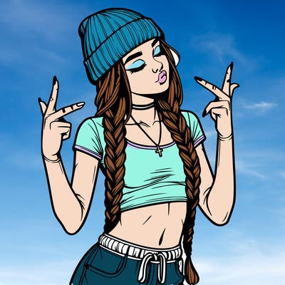 realistic teenage girl with braids and a beanie and crop top doing 🫶🏼