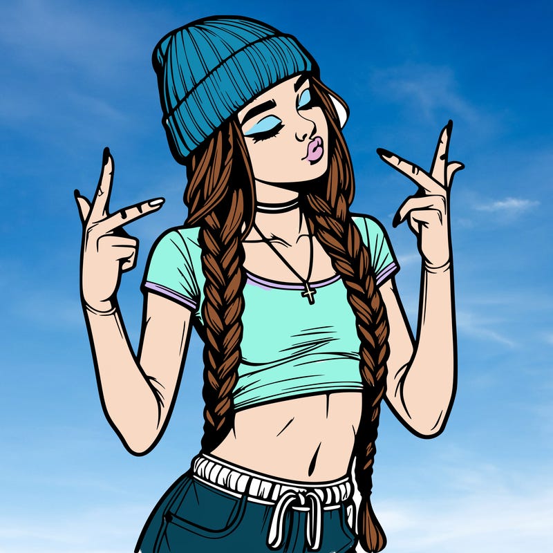 realistic teenage girl with braids and a beanie and crop top doing 🫶🏼