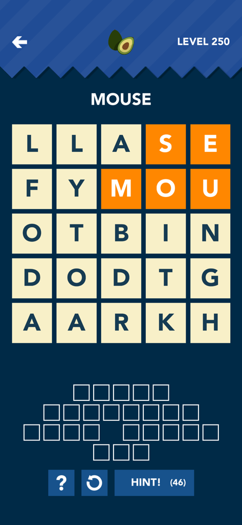 A mobile word search game interface showing a 5x5 letter grid with the word MOUSE highlighted in orange