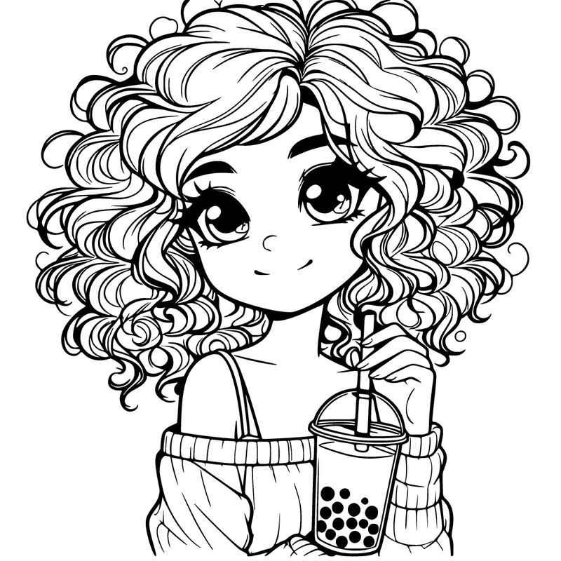 a realistic girl with curly hair holding a boba tea