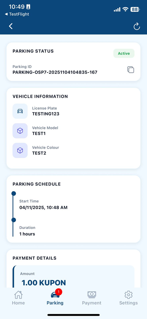 PINTAR Smart Parking App - Interface of the PINTAR app displaying an active parking session with vehicle details and schedule