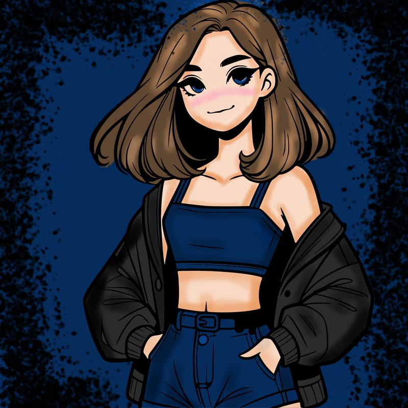 a realistic girl with a crop top and short shorts in an open jacket