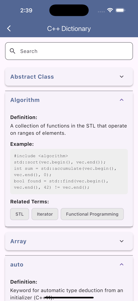 C++ Flashcards and Dictionary - C++-Wörterbuch-Bildschirm mit Programmierdefinitionen und Codebeispielen.